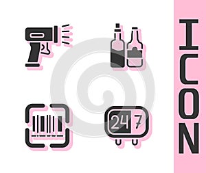 Set Clock 24 hours, Scanner scanning bar code, and Whiskey bottle icon. Vector