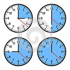 Set of clock icons showing different time. Vector illustration