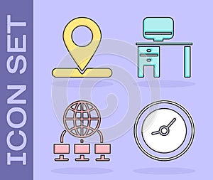 Set Clock, Location, Computer network and Computer monitor and desk icon. Vector