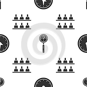 Set Clock, Magnifying glass with search and Jurors on seamless pattern. Vector.