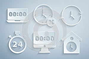 Set Clock on monitor, Stopwatch 24 hours, Retro wall, delete and laptop icon. Vector