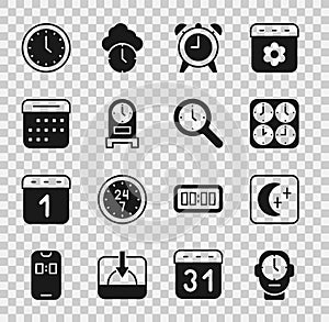 Set Clock, Moon and stars, Time zone clocks, Alarm, Antique, Calendar, and Magnifying glass with icon. Vector