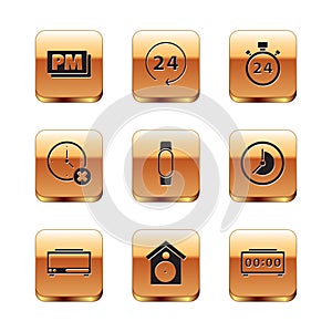 Set Clock PM, Digital alarm clock, Retro wall watch, Smartwatch, delete, Stopwatch 24 hours, and icon. Vector