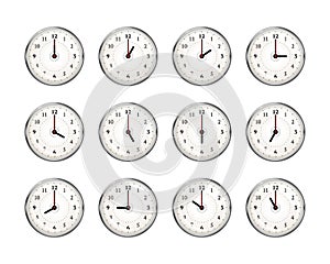 Set of clocks icons for every hour of day on white