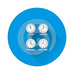 Set of clocks showing the time difference in different time zones. Timezone clock and international time on blue background. Flat