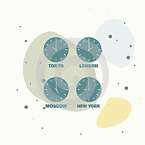 Set of clocks showing the time difference in different time zones. Timezone clock international time on multicolored background