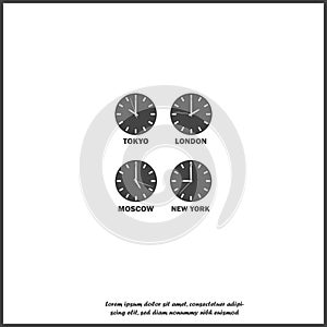 Set of clocks showing the time difference in different time zones. Timezone clock  and international time. Vector white icon on