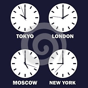 Set of clocks showing the time difference in different time zones. Timezone clock .international time. Vector white icon on dark b