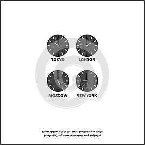 Set of clocks showing the time difference in different time zones. Timezone clock international time on white isolated background