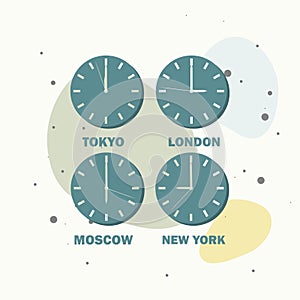 Set of clocks showing the time in different time zones. Timezone clock international  on multicolored background
