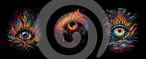 Set of close-up surreal eyes with fire. Generative AI