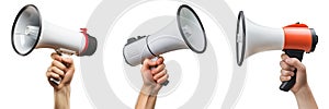 Set of close-up of a white megaphone held in hand, isolated on a white or transparent background. The megaphones is