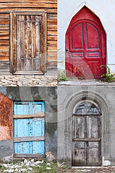 Set of closed and boarded up old doors in abandoned Ukrainian historical mansions subjected to the ravages of time