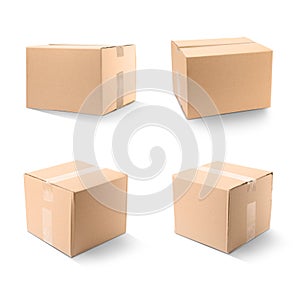 Set of closed cardboard boxes on background