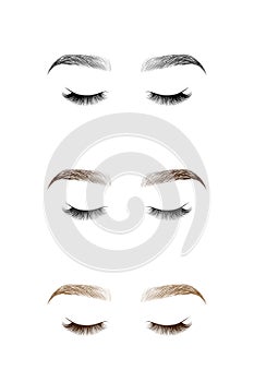 Set of closed eye with long eyelashes and eyebrows.