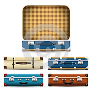 Set of closed and open old retro vintage suitcases