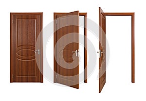 Set of closed and opened brown doors on white