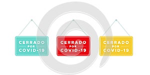 Set closed signs with the text: `Closed due to Covid-19` in Spanish. Cerrado por Covid-19. Coronavirus crisis. Vector illustration