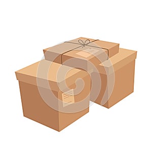 Set of closed and tied cardboard boxes in cartoon style on a white background