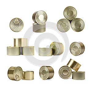 Set with closed tin cans on background