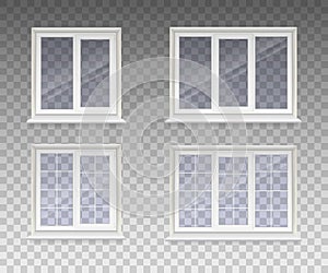 Set of closed window with transparent glass in a white frame. Isolated on a transparent background. Vector