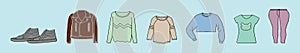 Set of clothes and accessories cartoon icon design template with various models. vector illustration isolated on blue background