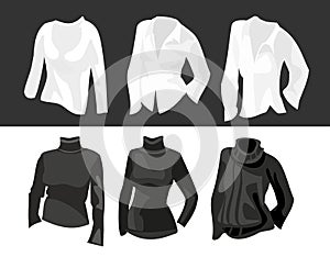 Set clothes for women. Vector flat illustration. For label washing powder white and black fabrics.