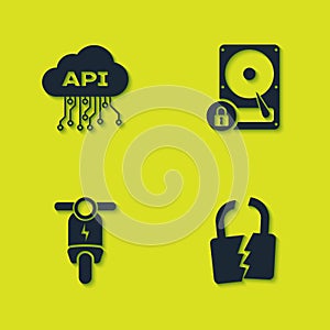 Set Cloud api interface, Broken or cracked lock, Electric scooter and Hard disk drive and icon. Vector
