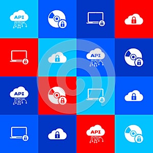 Set Cloud api interface, CD or DVD disk with lock, Laptop and and computing icon. Vector