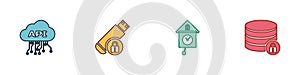 Set Cloud api interface, USB flash drive with lock, Retro wall watch and Server security icon. Vector