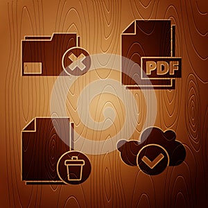 Set Cloud with check mark, Delete folder, Delete file document and PDF file document on wooden background. Vector