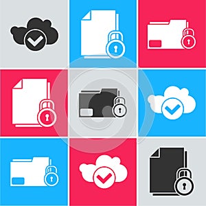 Set Cloud with check mark, Document and lock and Folder and lock icon. Vector