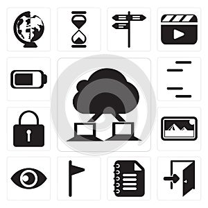 Set of Cloud computing, Exit, Notepad, Flag, View, Photos, Locke