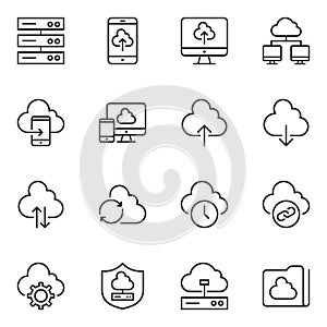 set of cloud computing line icons. cloud storage icons set. share, sharing, transfer, database, networking, server, signal