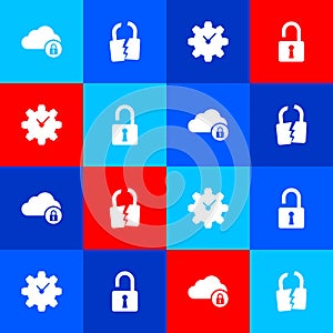 Set Cloud computing lock, Broken or cracked, Time Management and Open padlock icon. Vector