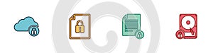 Set Cloud computing lock, Document and, and Hard disk drive icon. Vector