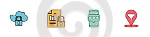 Set Cloud computing lock, Document and, Mobile password and Location with sales funnel icon. Vector