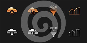 Set Cloud computing lock, download and upload, Binary code and Pie chart infographic icon. Vector