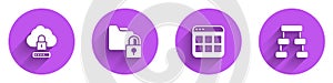 Set Cloud computing lock, Folder and, Browser files and Hierarchy organogram chart icon with long shadow. Vector