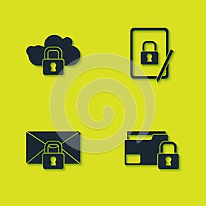 Set Cloud computing lock, Folder and, Mail message password and Tablet with closed padlock icon. Vector