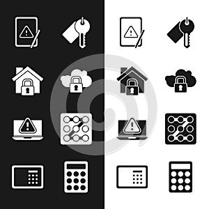 Set Cloud computing lock, House under protection, Tablet with exclamation mark, Marked key, Laptop, Graphic password