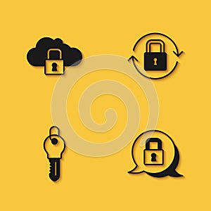 Set Cloud computing lock, Lock, Key and icon with long shadow. Vector