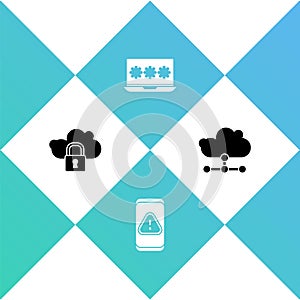Set Cloud computing lock, Mobile with exclamation mark, Laptop password and Network cloud connection icon. Vector