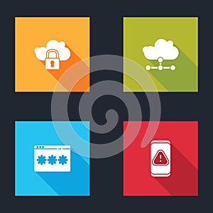 Set Cloud computing lock, Network cloud connection, Password protection and Mobile with exclamation mark icon. Vector
