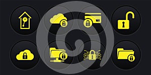 Set Cloud computing lock, Open padlock, FTP folder and, Cyber security, Credit card with and icon. Vector