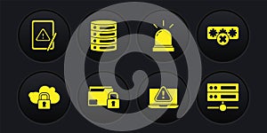Set Cloud computing lock, Password protection, Folder and, Laptop with exclamation mark, Motion sensor, Server, Data