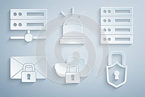 Set Cloud computing lock, Server, Data, Web Hosting, Mail message password, Lock, Motion sensor and icon. Vector