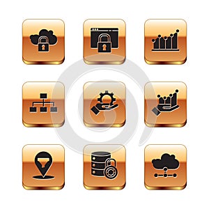 Set Cloud computing lock, Server security, Hand settings gear, Hierarchy organogram chart, Pie infographic, Network