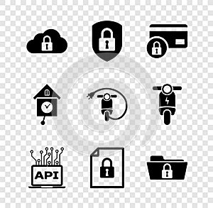 Set Cloud computing lock, Shield security with, Credit card, Computer api interface, Document and and Folder icon