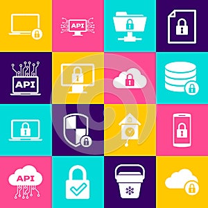 Set Cloud computing lock, Smartphone with, Server security, FTP folder and, Lock monitor and Computer api interface icon